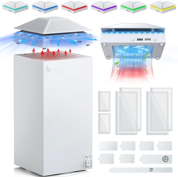 FASTSNAIL Top Cooling Fan with Dust Cover for Xbox Series X Console - White | Fan 3 Gears Cooler System, RGB Light, 3.0 & 2.0 USB Port, Dust Proof Filter, Low Noise, Rubber Dust Plugs for XSX Accessories