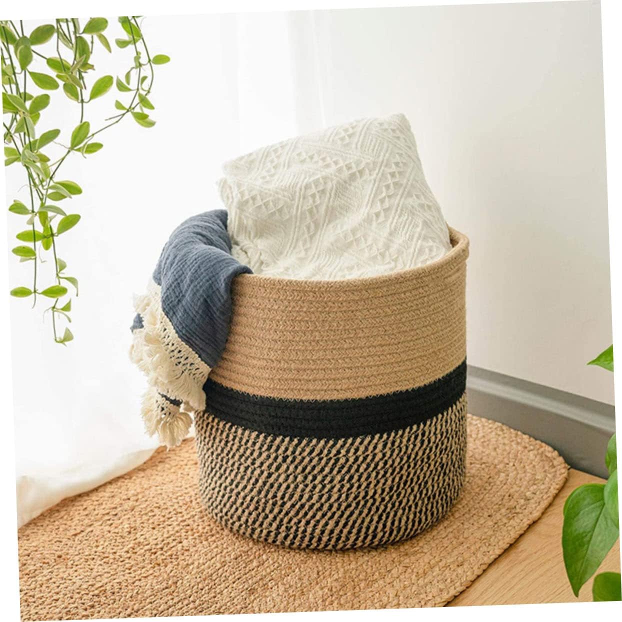 Unomor Round Storage Basket Tote Basket Woven Flower Pot Black Lid for Living Room Bathroom Closet Playroom Car