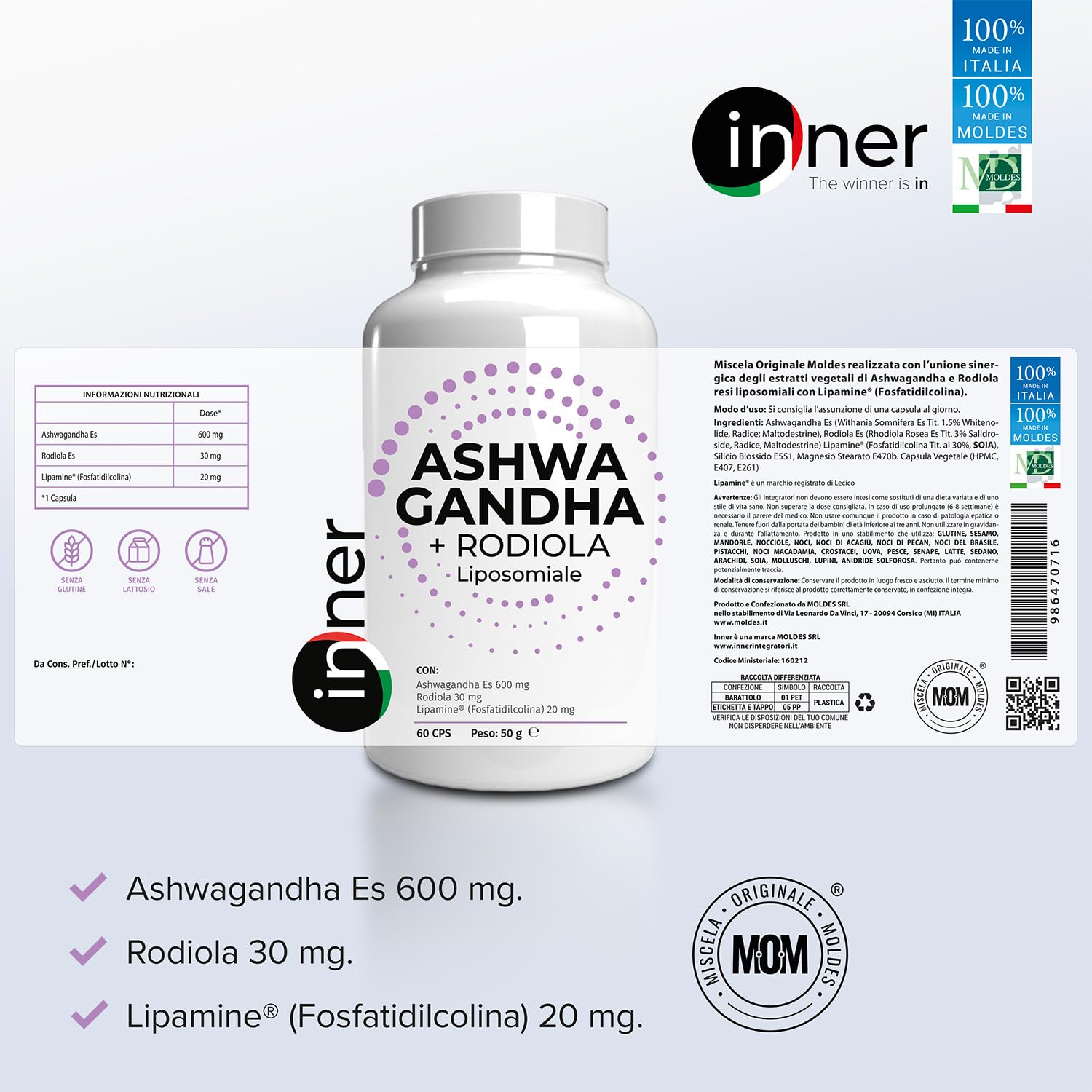 Inner Ashwagandha + Rodiola Liposomiale 60 cps - Formula ad alta biodisponibilità con azione tonico‑adattogena per stress, concentrazione e recupero fisico