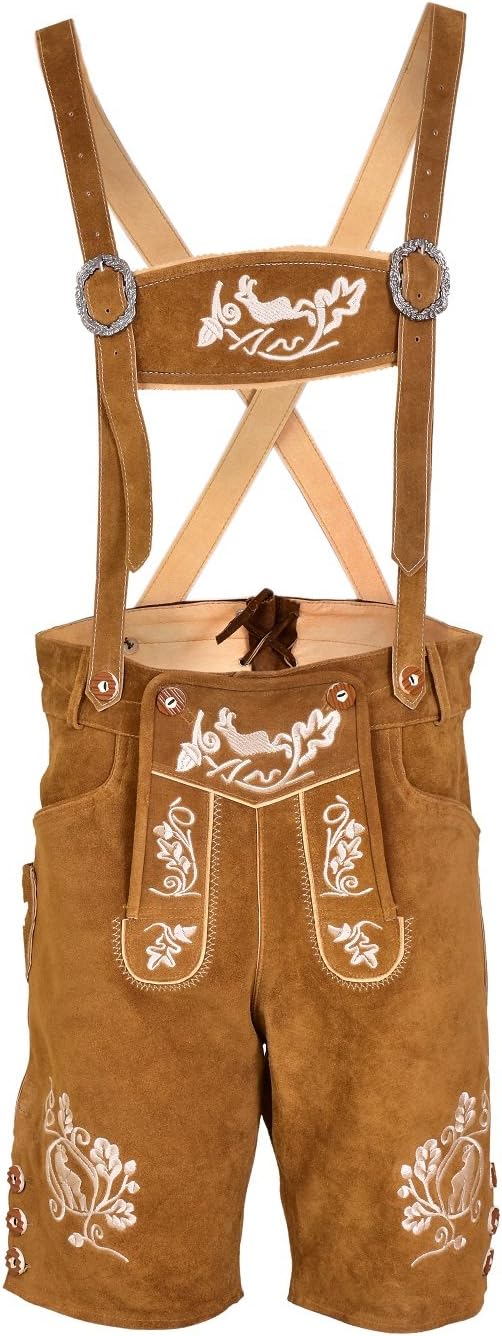 Mens Bavarian Lederhosen Cowhide Real Leather with Matching Suspenders Shorts