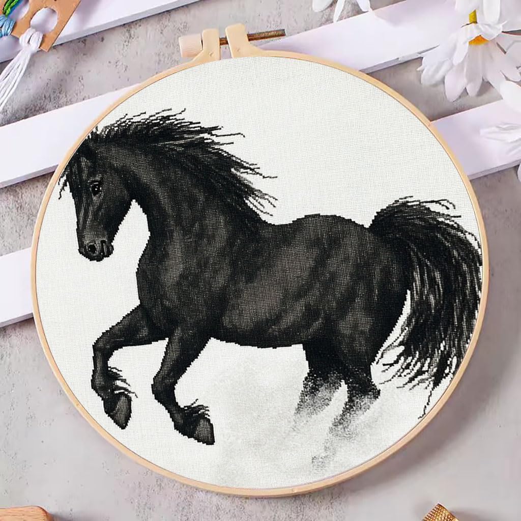 DIY Cross Stitch Kits Adorable Black Horse Easy for Beginners with Hoop 11CT Needlepoint Embroidery Stamped Counted Cross Stitch Set Craft Wall Decor 20x20cm-8