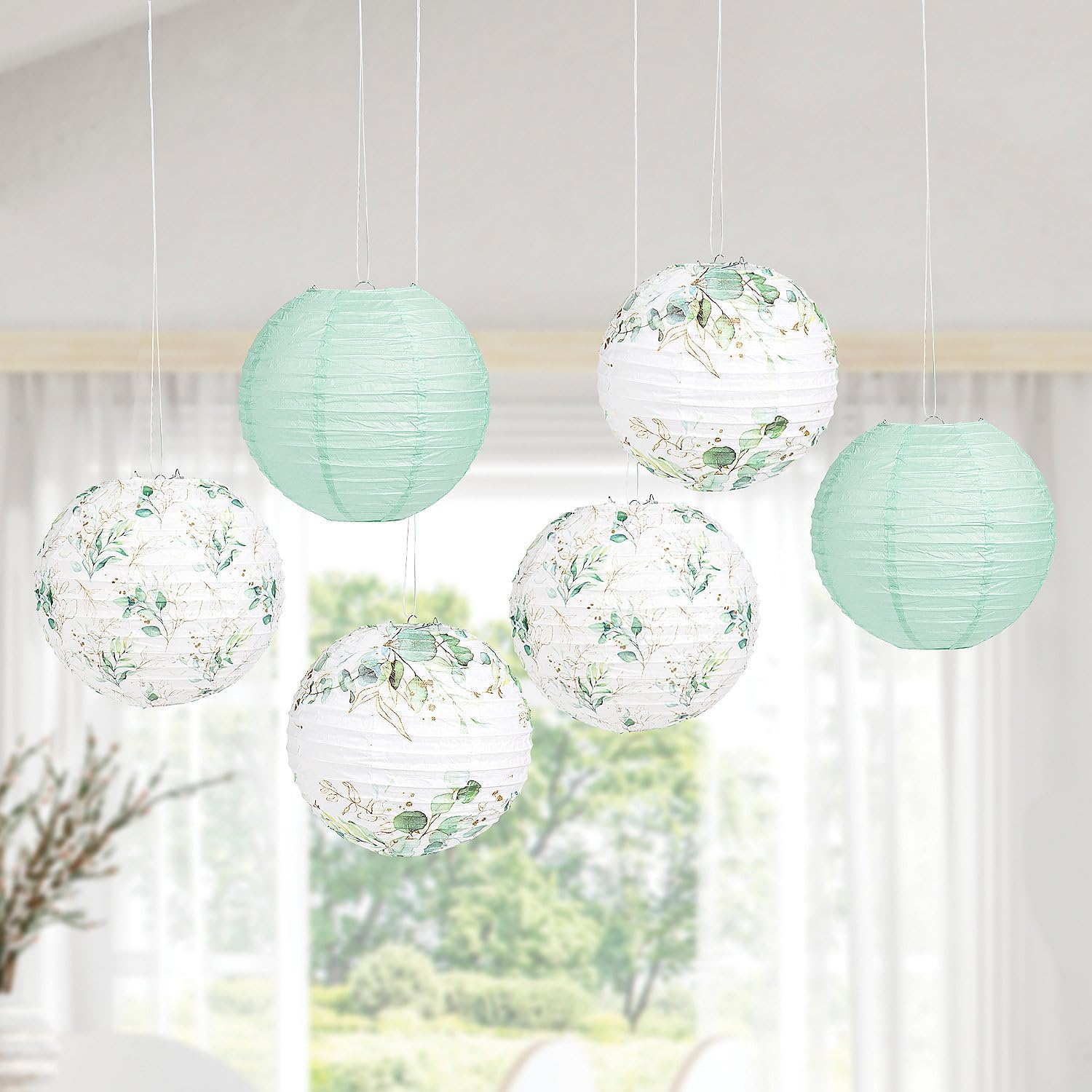 Fun Express 10" Eucalyptus Hanging Paper Lanterns, 6 Pc | For Wedding, For Birthday, For Baby Shower, For Party Decorations