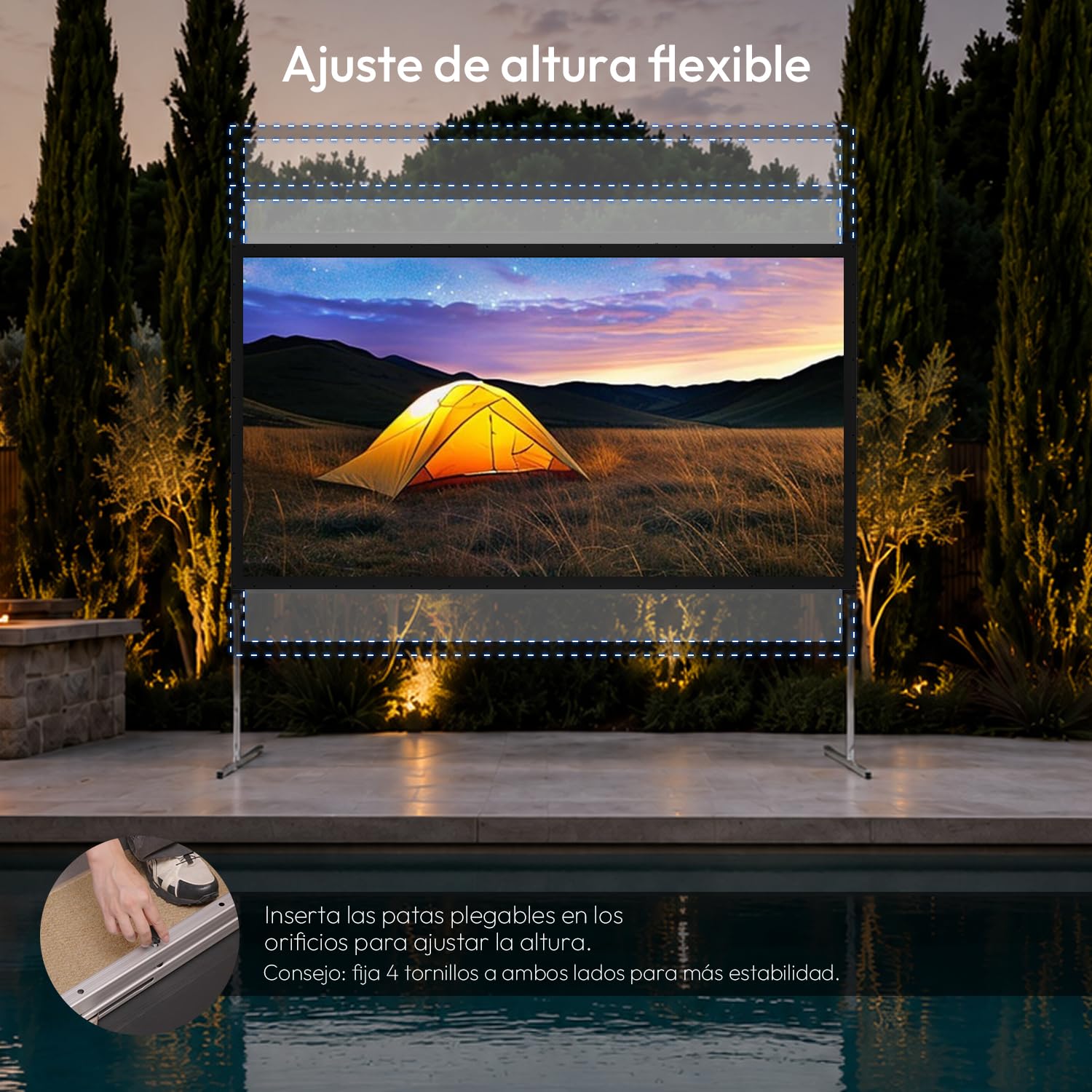 Pantalla Proyector Exterior con Soporte 100 Pulgadas | Portátil y Plegable, Gain 1,3, 4K UHD 16:9, Montaje Rápido en 3 Minutos, ma Marco de Aluminio, Camping,Jardín y Cine en Casa
