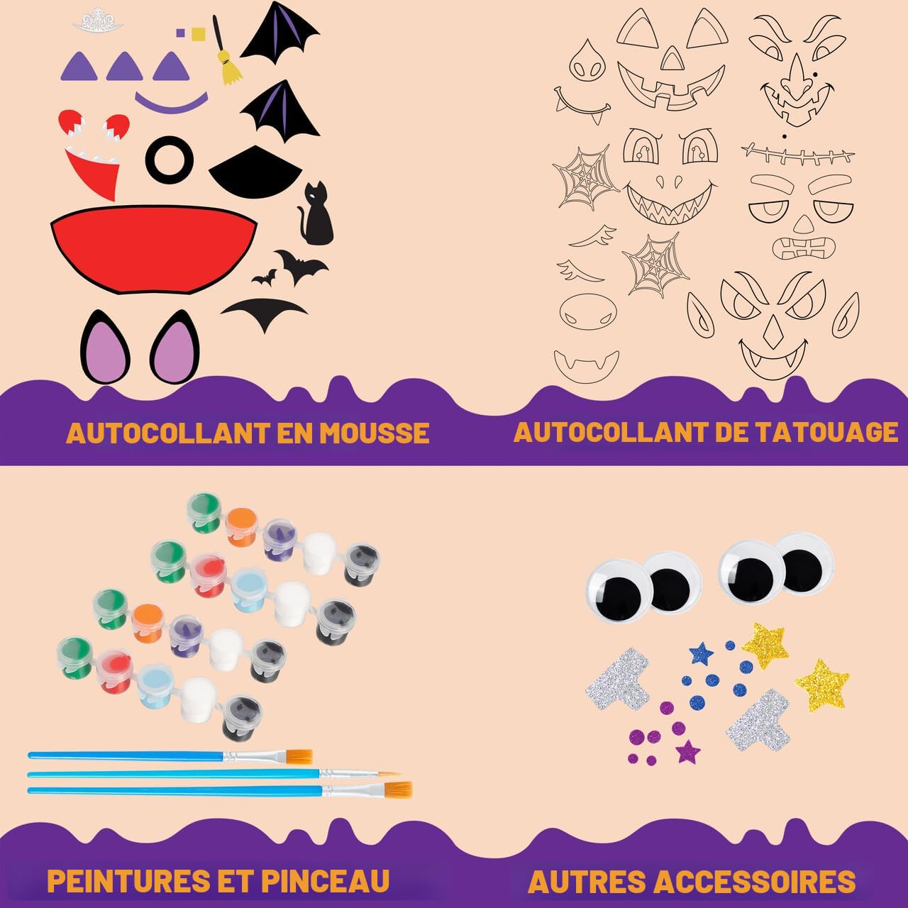 Kit Halloween 3 Citrouilles En Plâtre à Peindre – 12 Peintures, 2 Pinceaux, Palette – DIY Enfant – Décoration Automne, Classe, Fête