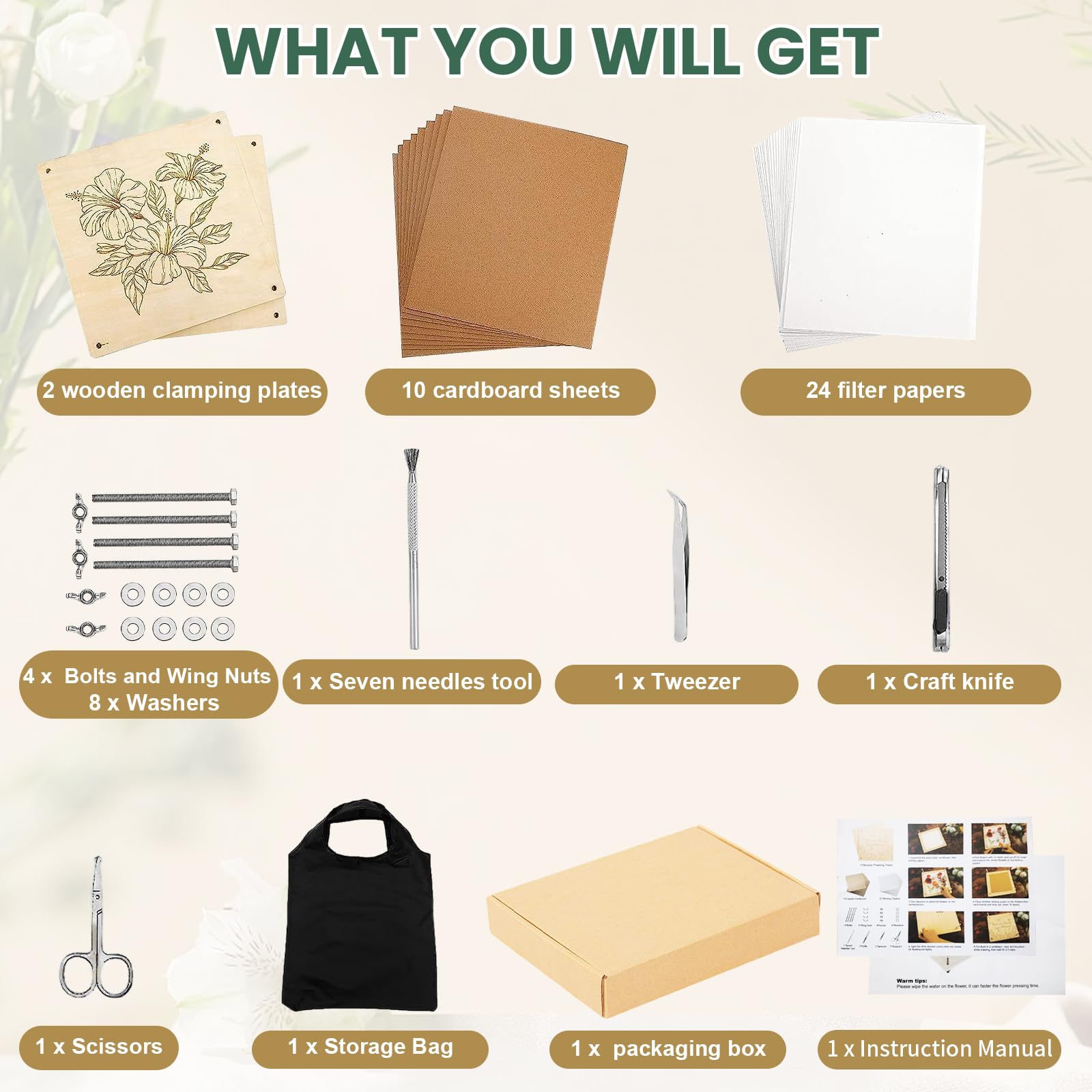 Large Flower Press Kit, 10 Layers 11x11 inch (28x28cm) Wooden Flower Pressing Kit with Storage Bag - Image 2