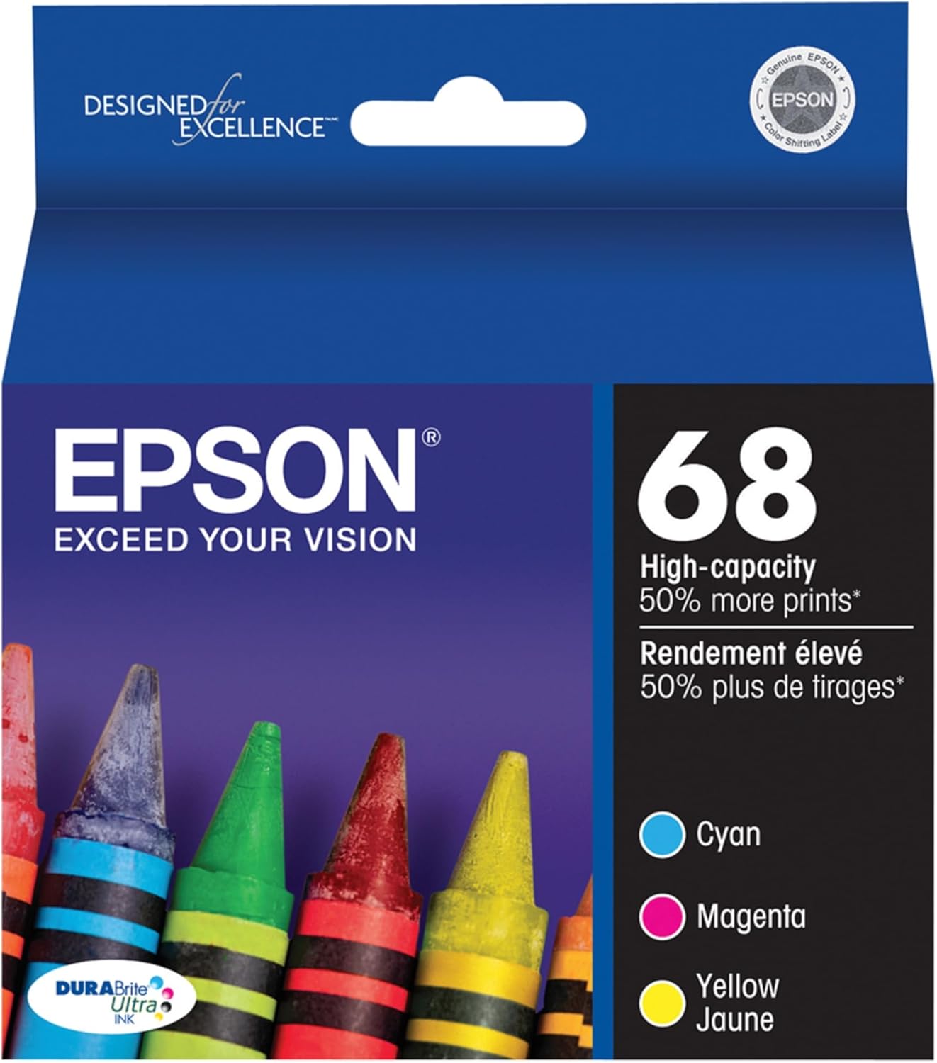 EPSON 68 DURABrite Ultra Ink Color Combo Pack For CX-6000, CX-7000F, CX-7400, CX-8400, CX-9400, CX-9475, NX-400, NX-415, NX-510, NX-515, WF-1100, WF-600, WF-610, WF-615 and other select models