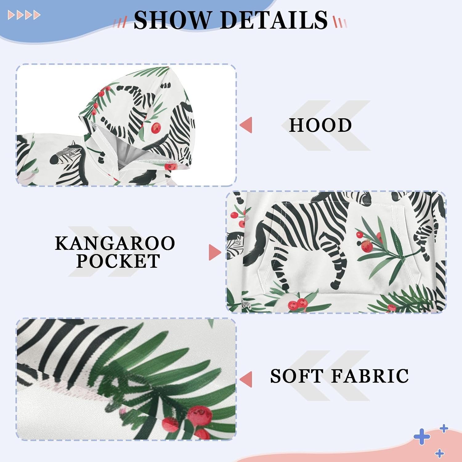 ZZXXB Xmas Zebra Berry Kids Sweatshirts Boys Girls Hooded Kangaroo Pocket Pullover Tops XS-XXL