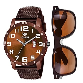 Lorenz Brown Dial Day & Date Watch and Brown Matte Sunglasses Combo for Men & Boys | Gift Combo for Men | CM-3062SN-13
