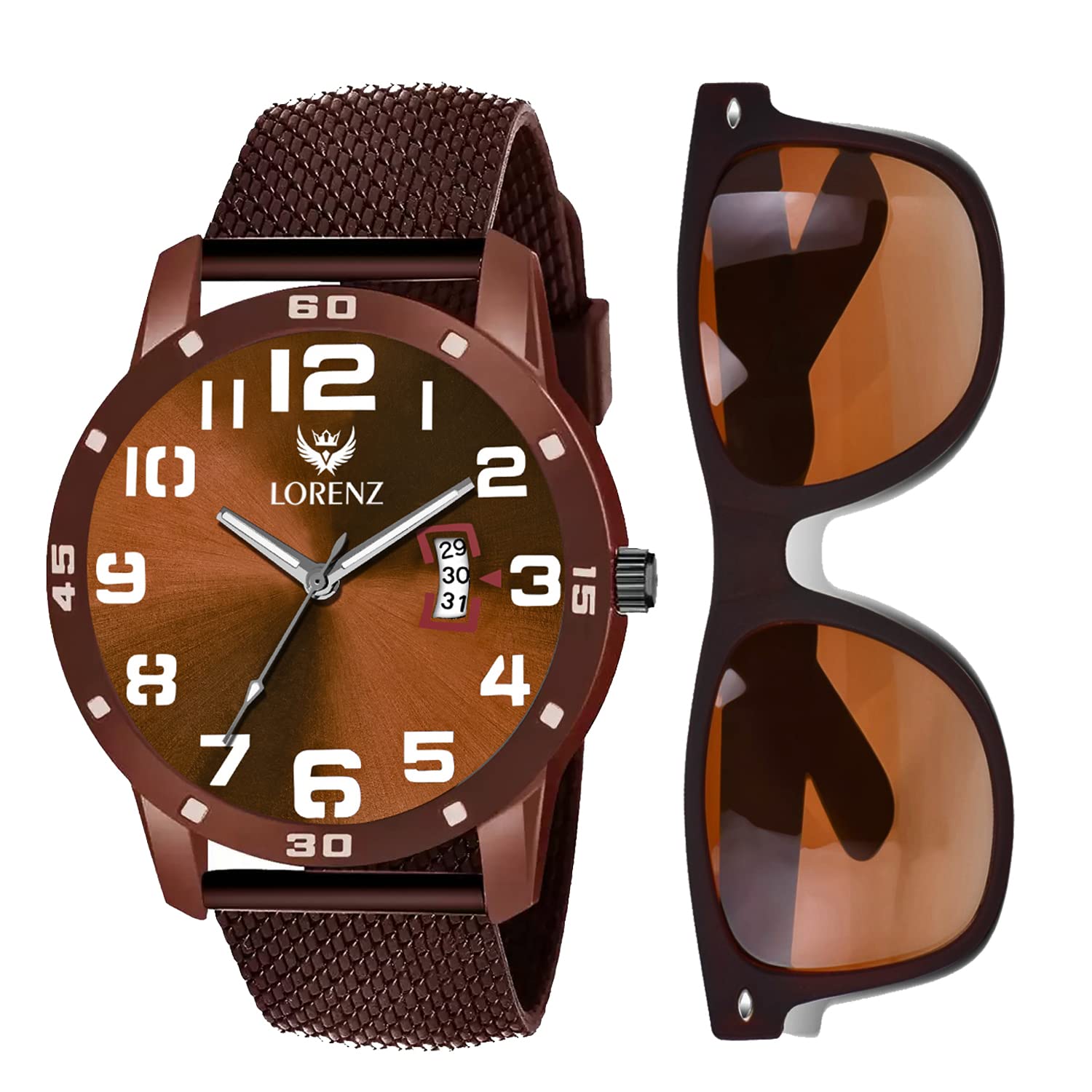 LORENZ Brown Dial Day & Date Watch and Brown Matte Sunglasses Combo for Men & Boys | Gift Combo for Men | CM-3062SN-13 (B09J2FZWDM) Amazon Price History, Amazon Price Tracker