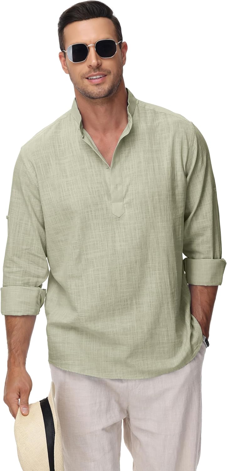Cotton Linen Shirts for Men Lightweight Casual Long Sleeve Henley Beach Hawaiian Tops - Image 2