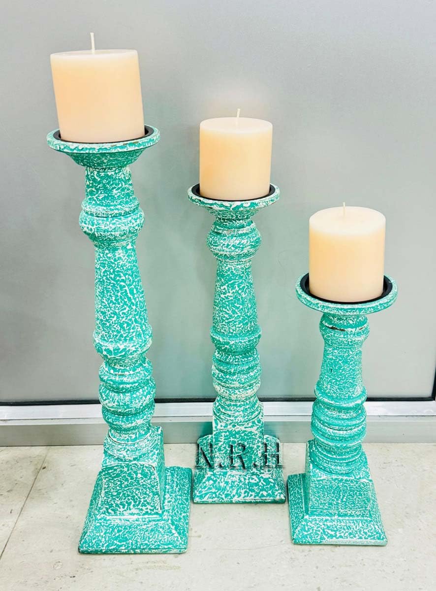 Rustic Wooden Pillar Candle Holders Set of 3, 18'' 15'' 12'' Farmhouse Wood Candle Stand for Table Centerpieces, Vintage Tall Candleholders Fireplace Mantel Decor for Living Room