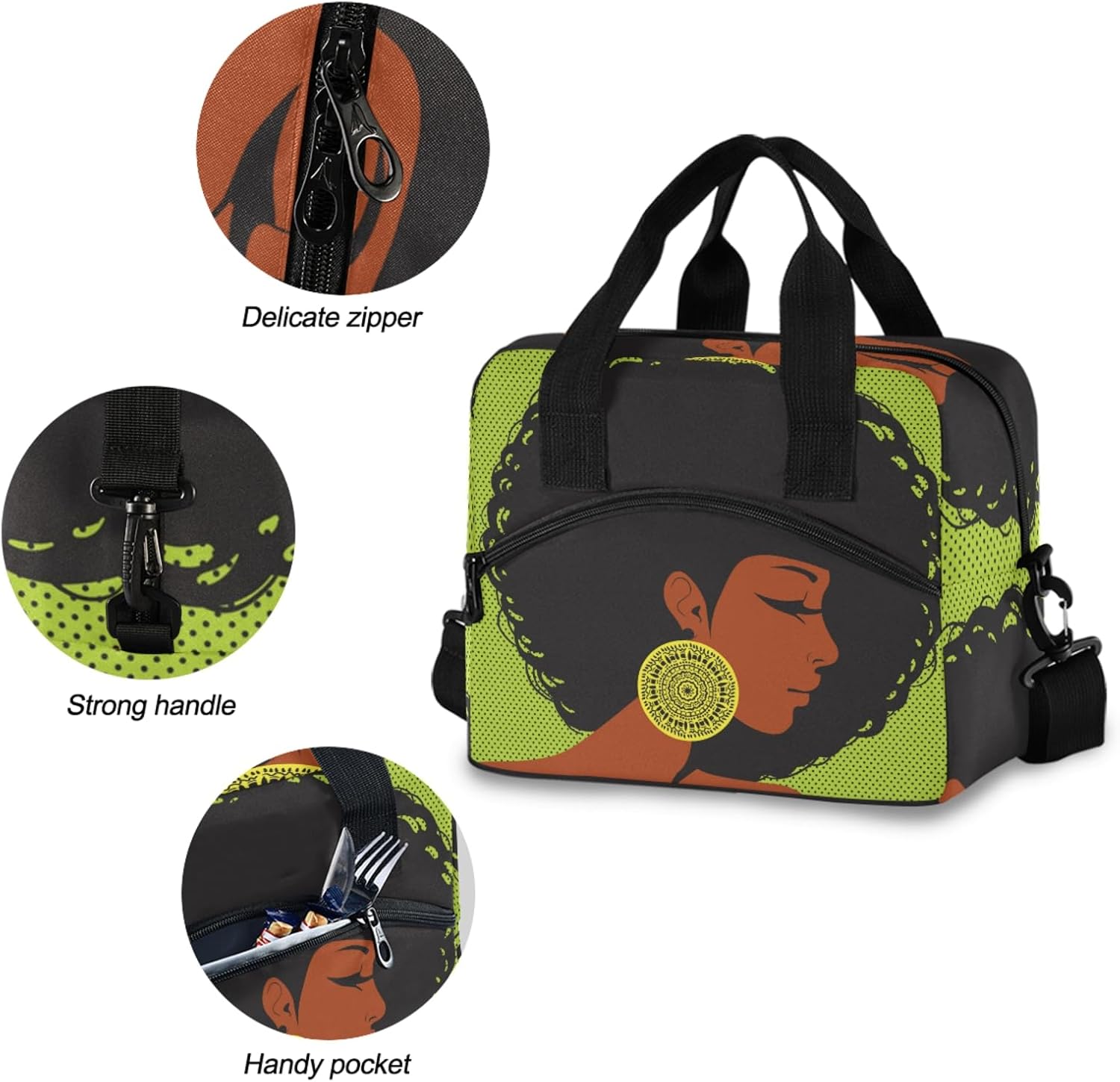 Reusable Lunch Bag for Girls Women,African American Woman Lunch Box Container with Detachable Shoulder Strap,Insulated Lunch Coolers for School Office