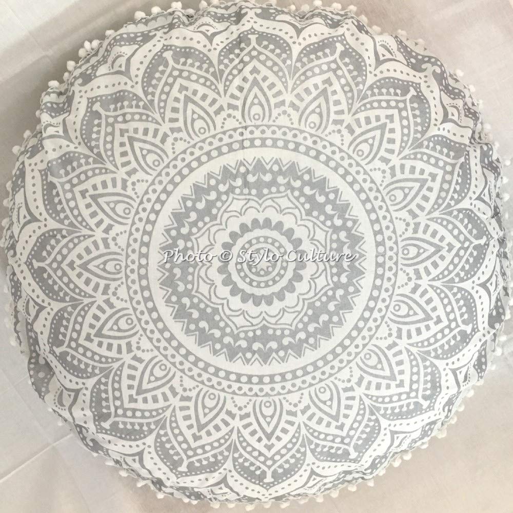 Federa per cuscino da pavimento con mandala, 81,3 cm, per meditazione, hippie, rotondo, colorato, decorativo, bohémien, chic, letto per cani, pouf ottomano indiano fatto a mano (elefante) (peacok