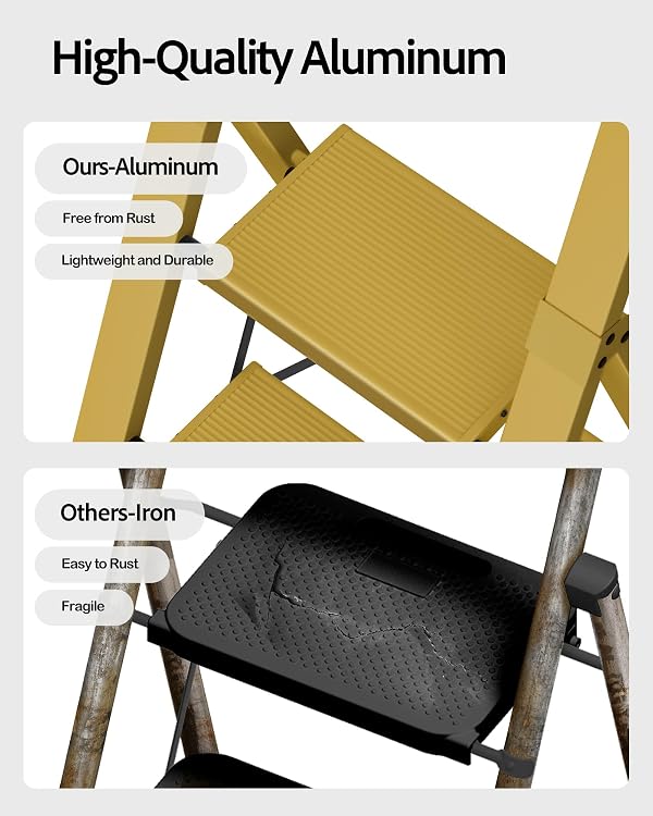Taranta 4 Step Ladder, Lightweight Aluminum Step Stool with Convenient Handgrip, Folding Ladder with Anti-Slip Pedals, 330lbs Capacity Stepladder for Home, Office, Kitchen - Twilight Yellow by taranta - Image 2