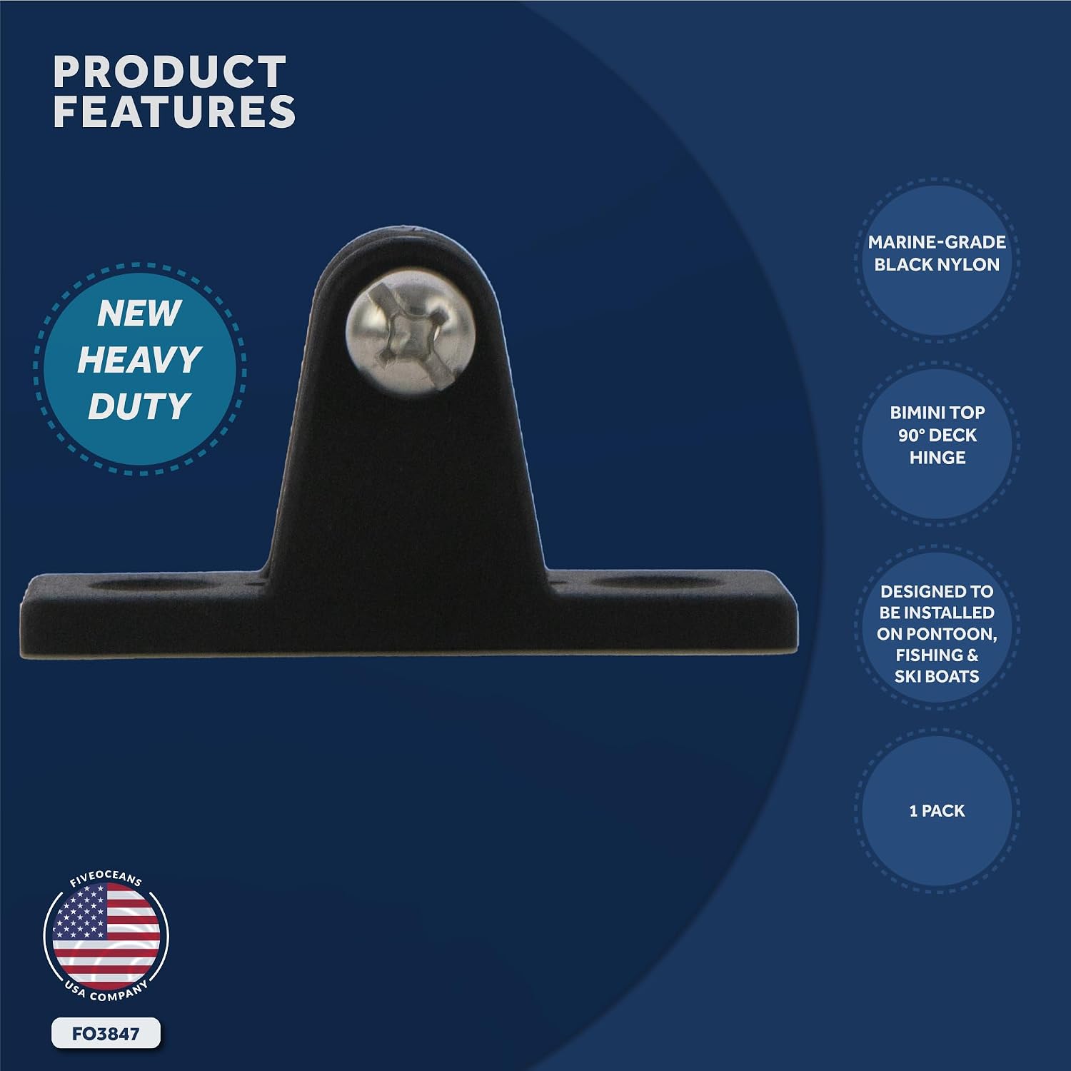 Five Oceans Bimini Top Hardware - Marine Bimini Top 90 Degree Deck Hinge with Screw Pin, Black Nylon Bimini Top Mounting Hardware - FO3847