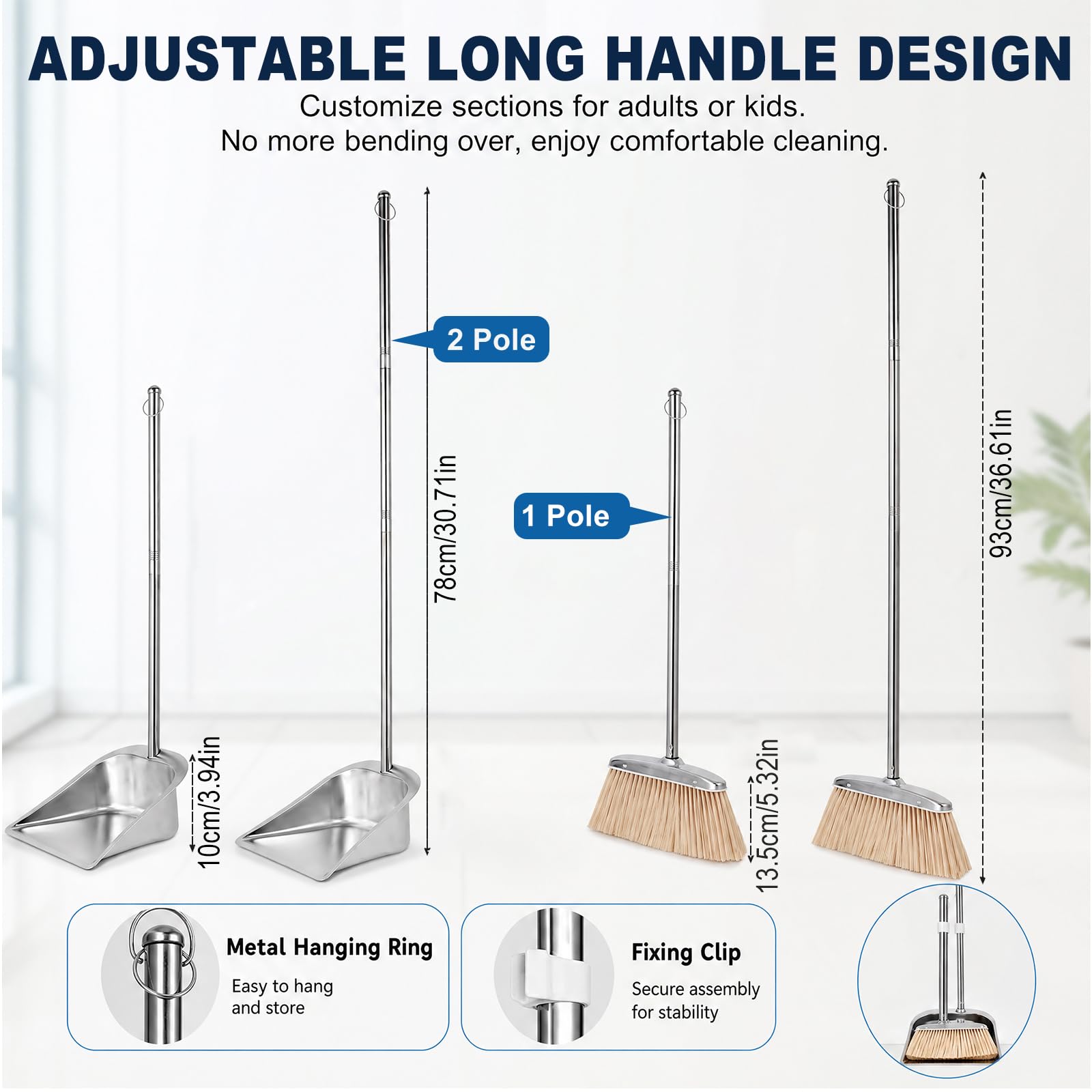DASIAUTOEM Juego de escoba y recogedor, recogedor y cepillo con mango largo, juego de recogedor vertical con mango largo de 118 cm, barredora y recogedor Combo para oficina, cocina, pasillo, suelo