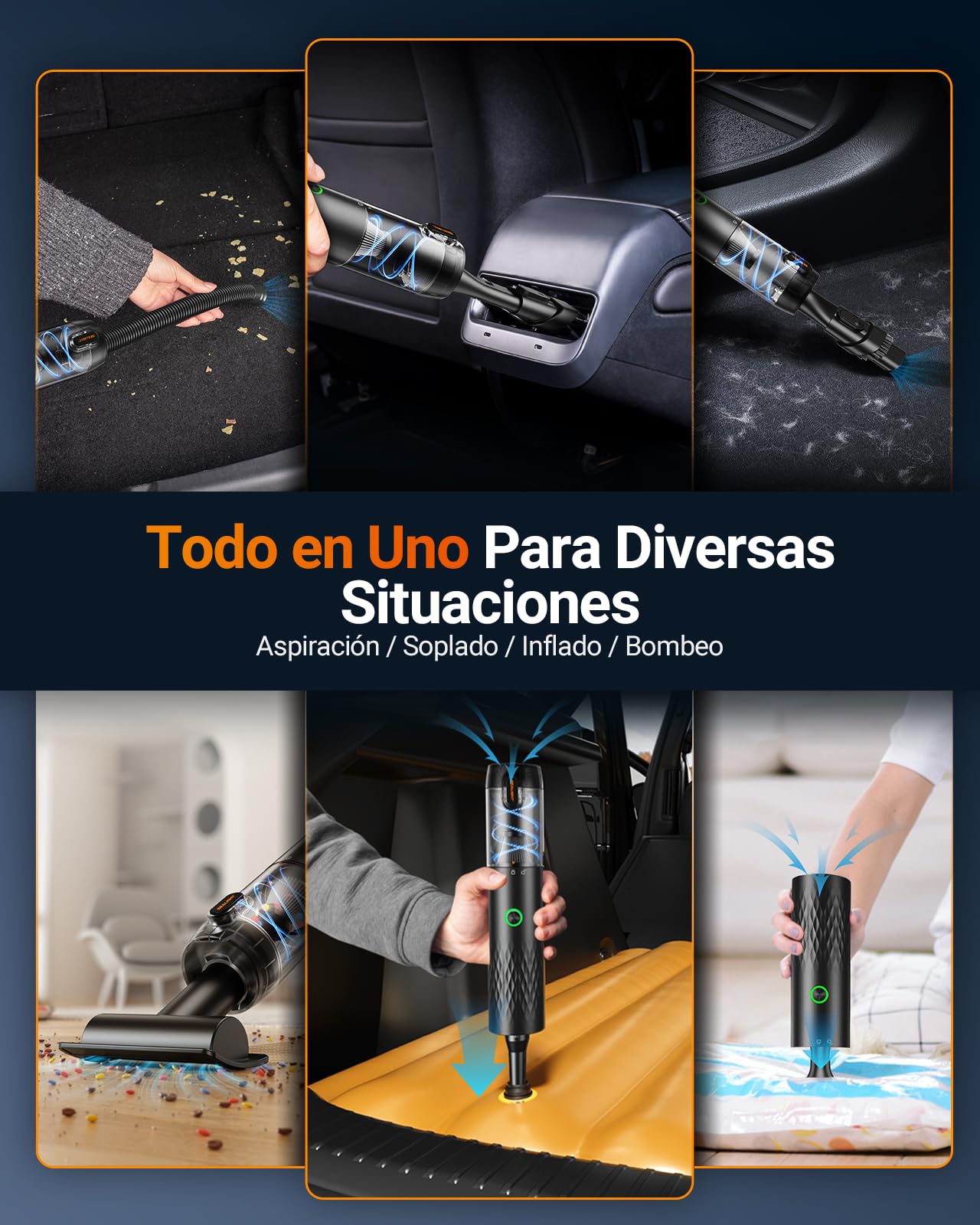SEALIGHT Aspirador de Mano, 29000Pa Mini Aspirador Recargable con 40 Minutos Duración Batería, 4 en 1 Aspiradoras de Mano con Motor sin Escobillas, 2 Niveles Aspirador sin Cable para Coche