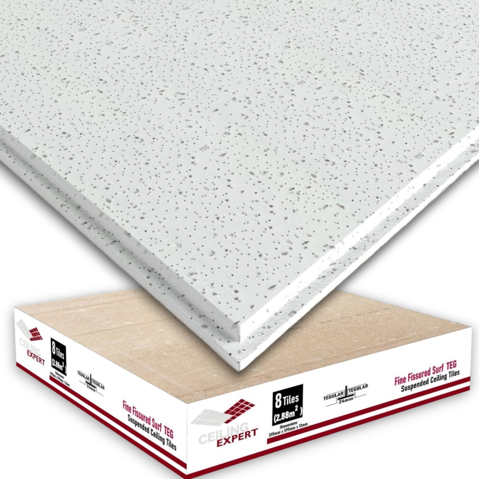 Ceiling Expert Suspended Fine Fissure Tegular Edge 595mm x 595mm x 13mm Ceiling Tiles Office Acoustic Fissured for 600mm x 600mm Grid System White