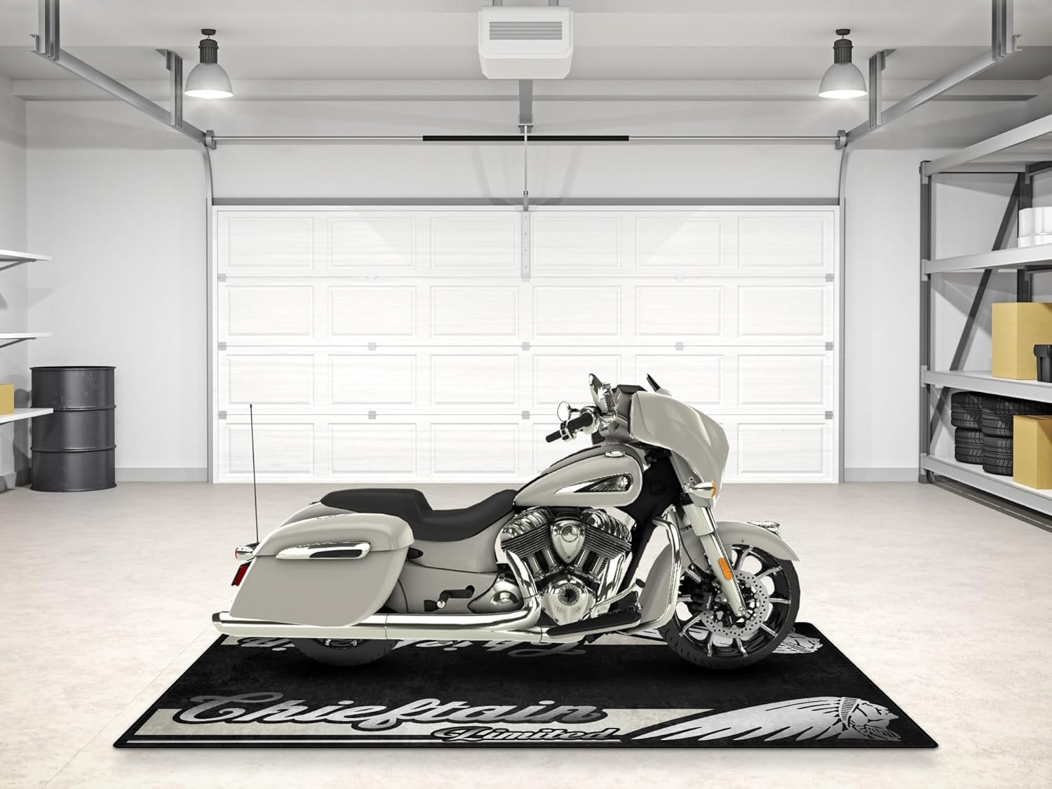 Parking Mat for Chieftain Limited Motorcycle Model, Display and Pit Mat, Washable Non-Slip Garage, Showroom Mat (Silver Quartz Metallic, Size 2: 102 x 47/260 x 120 cm)