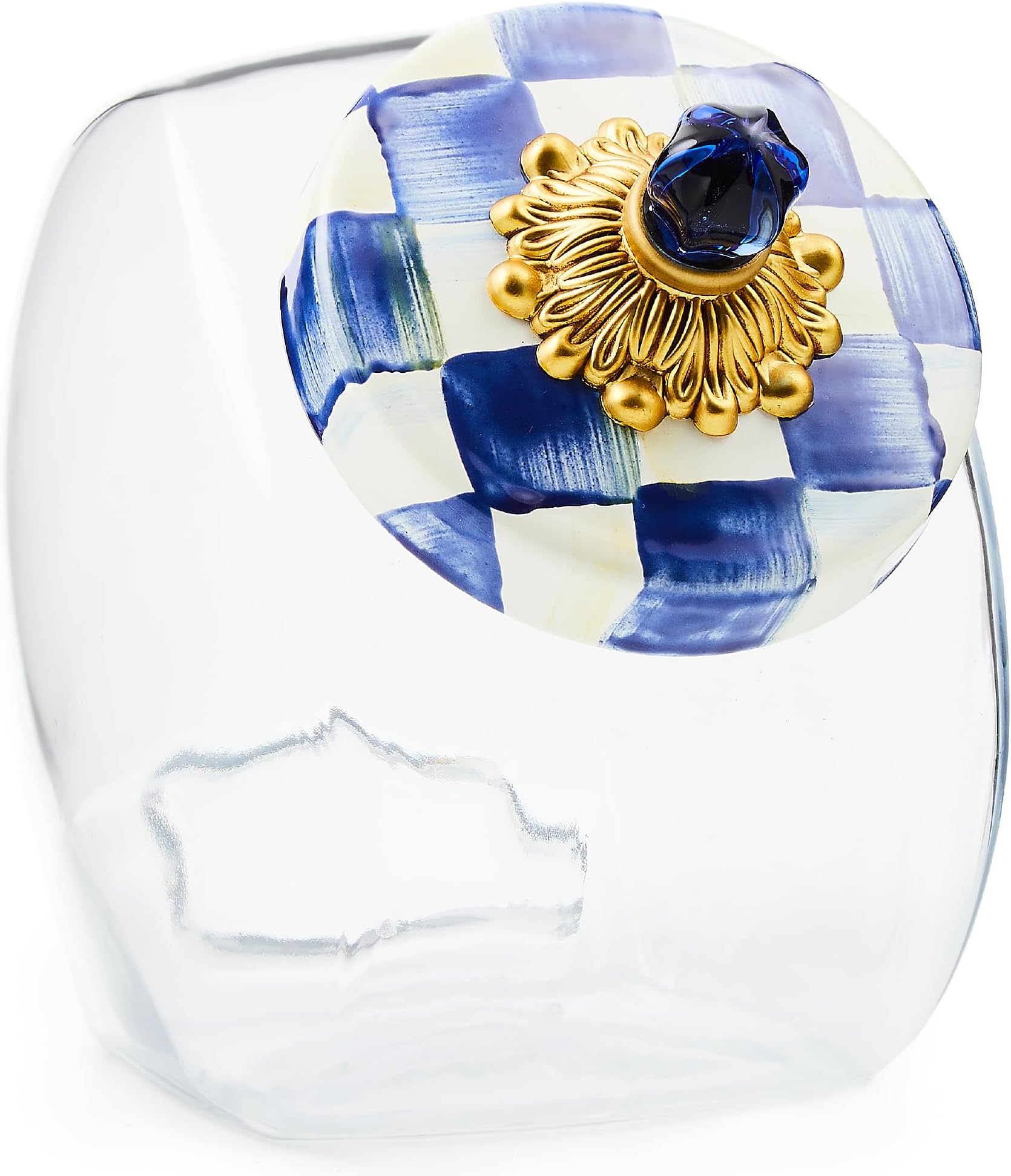 Cookie Jar with Enamel Lid, Large Glass Treat Jar or Kitchen Jar, 1-Gallon Capacity, Blue-and-White Royal Check
