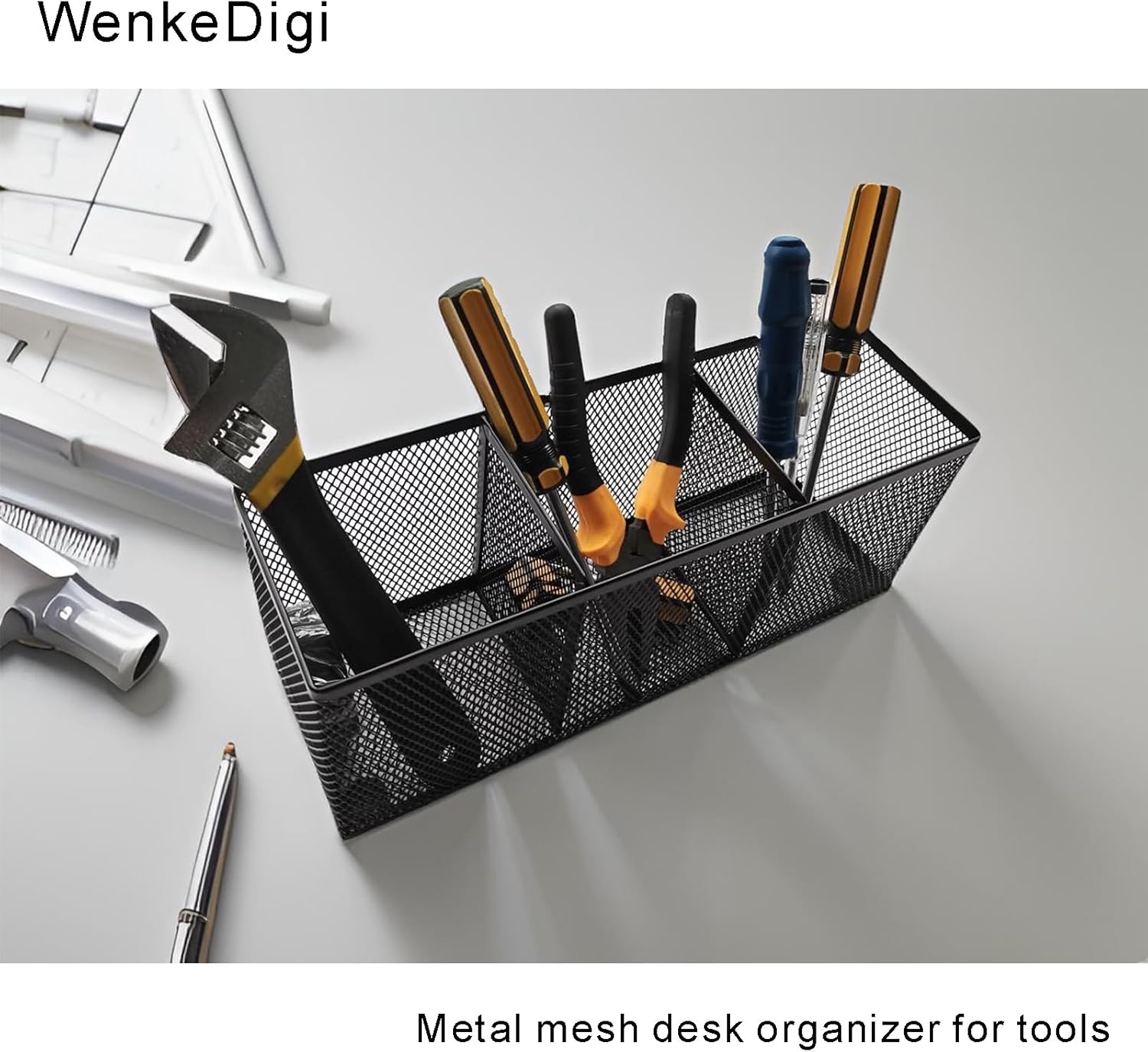 2-Pack Metal Mesh Pencil Holder, Spacious 3-Compartment Desk Organizer for Pens, Makeup Brushes, Utensils, Desktop Storage for Home, Office, School, Kitchen, 10.43x3.35x4.04 Inch, Black