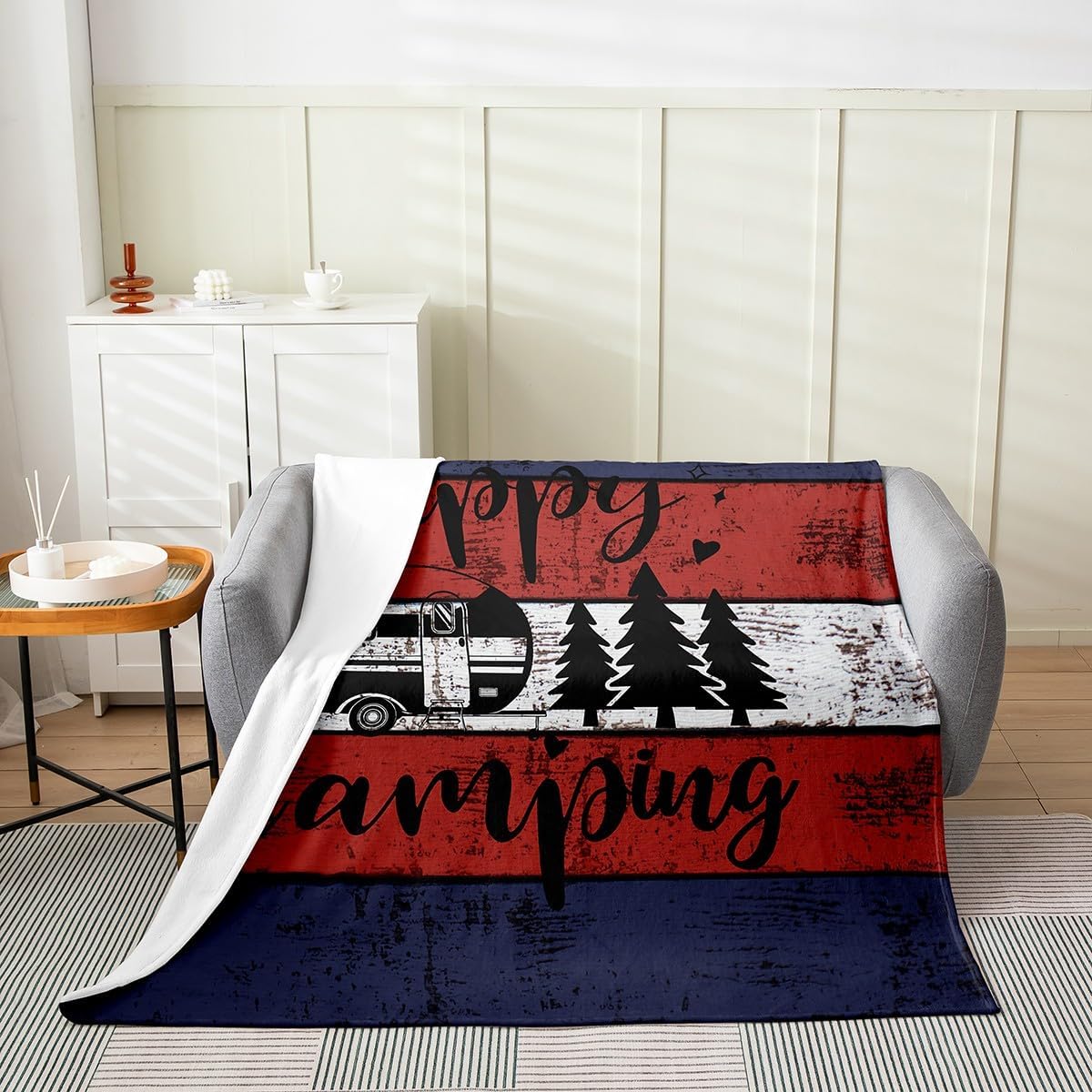 Happy Camping Throw Blanket Twin 60x80 Retro Blue Red White Wooden Stripes Fleece Blanket for Kids Teens Adults Cartoon RV Trees Rustic Farmhouse Style Flannel Blanket for Couch Chairs