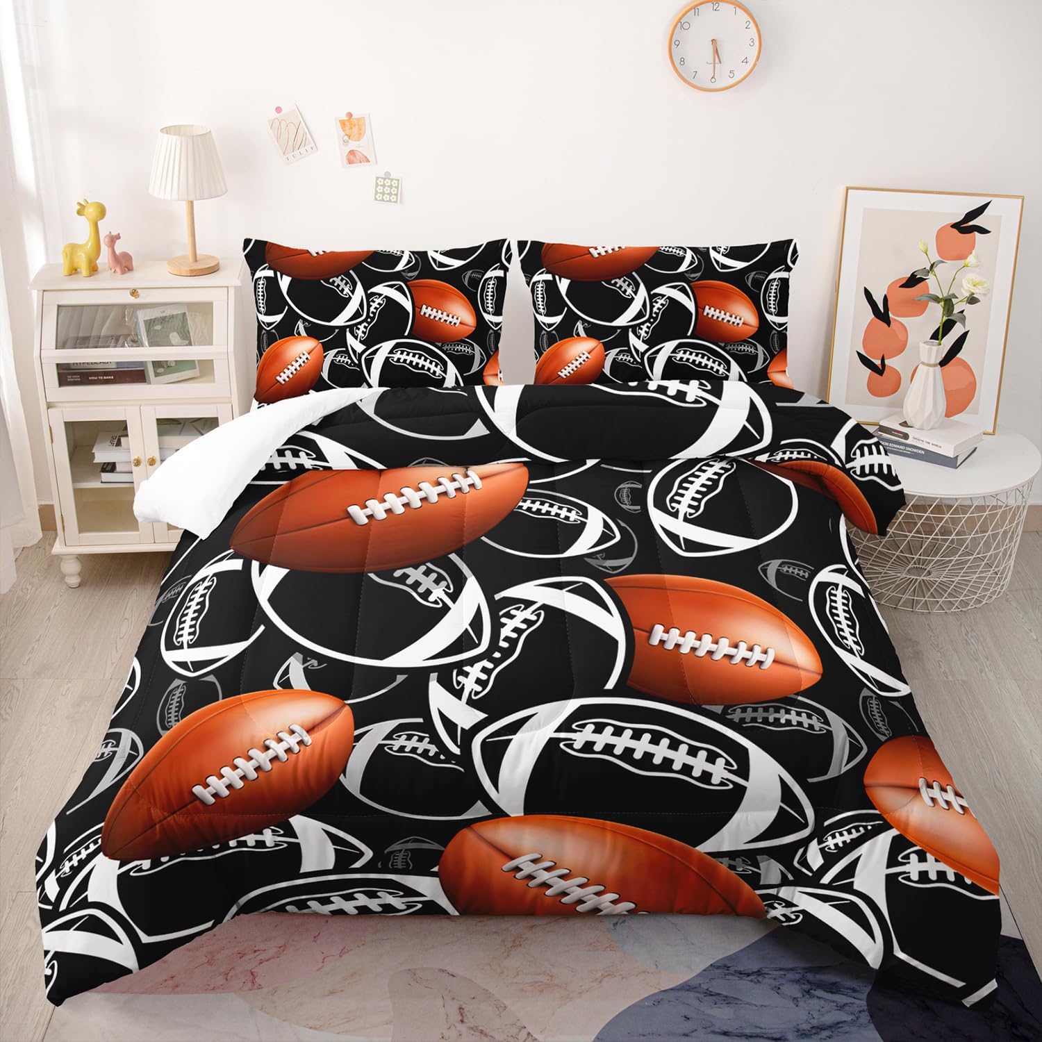 Cartoon Rugby Comforter 3Pcs Sports Brown Rugby Theme Bedding Twin American Football Comforter Set for Kid Teen Girl Boy Black White Rugby Quilt Bed Decor with 1 Comforter and 2 Pillowcases