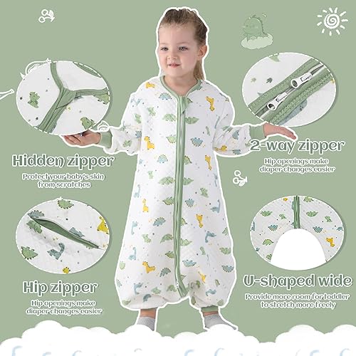 Miniatura 3 de Miipat Saco de dormir para niños pequeños con pies de 1.5 TOG, saco de dormir de manga larga, unisex, manta de dinosaurio para caminantes tempranos