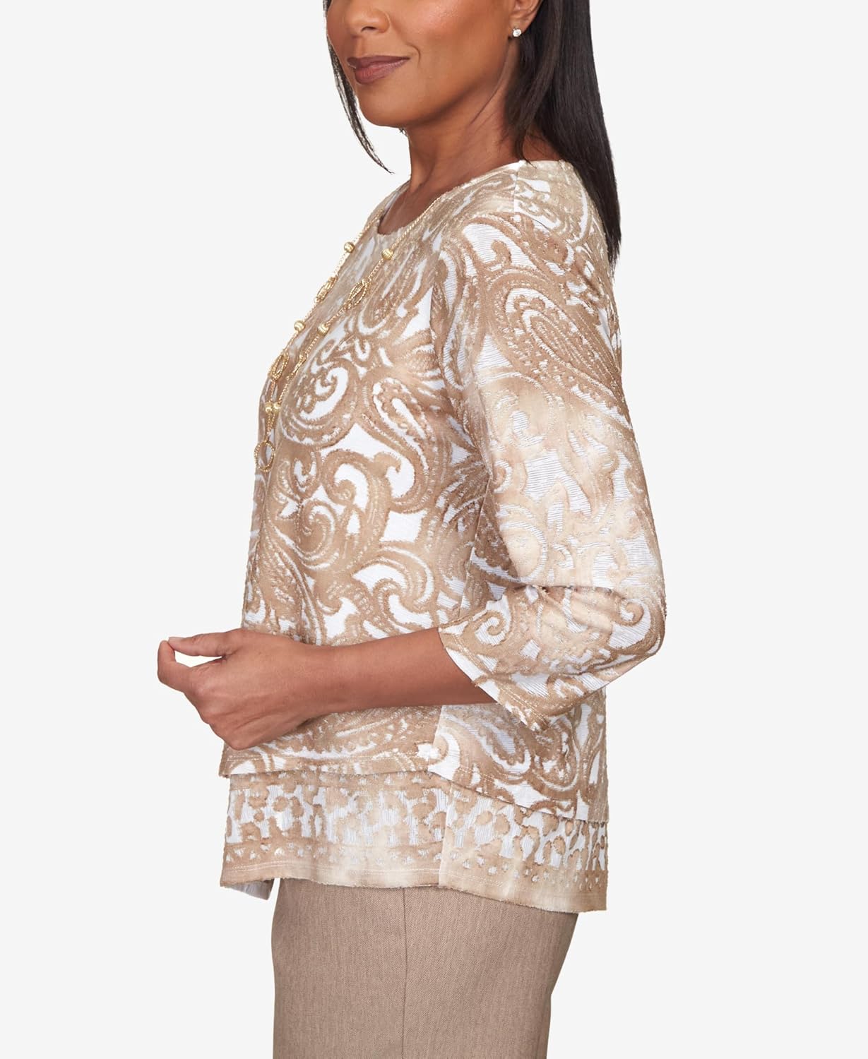 Alfred Dunner Women's Paisley Jacquard Pointed Hem Top Size S Latte - Image 9
