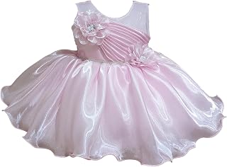 DeeVee Creations Baby Girls Pink Satin Organza Party Dress with Floral Appliqué, with Free Walking Shoes Price In India