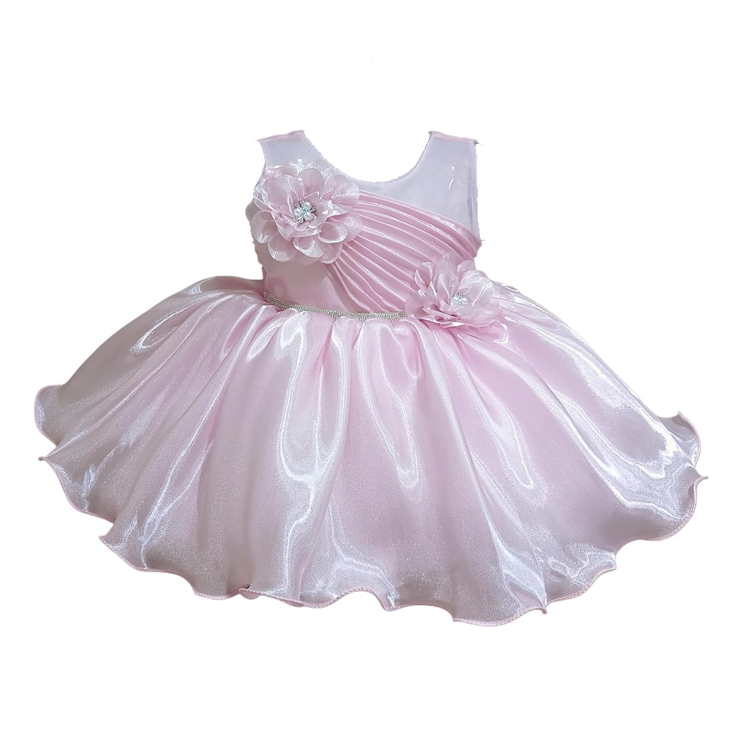 DeeVee Creations Baby Girls Pink Satin Organza Party Dress with Floral Appliqué, with Free Walking Shoes