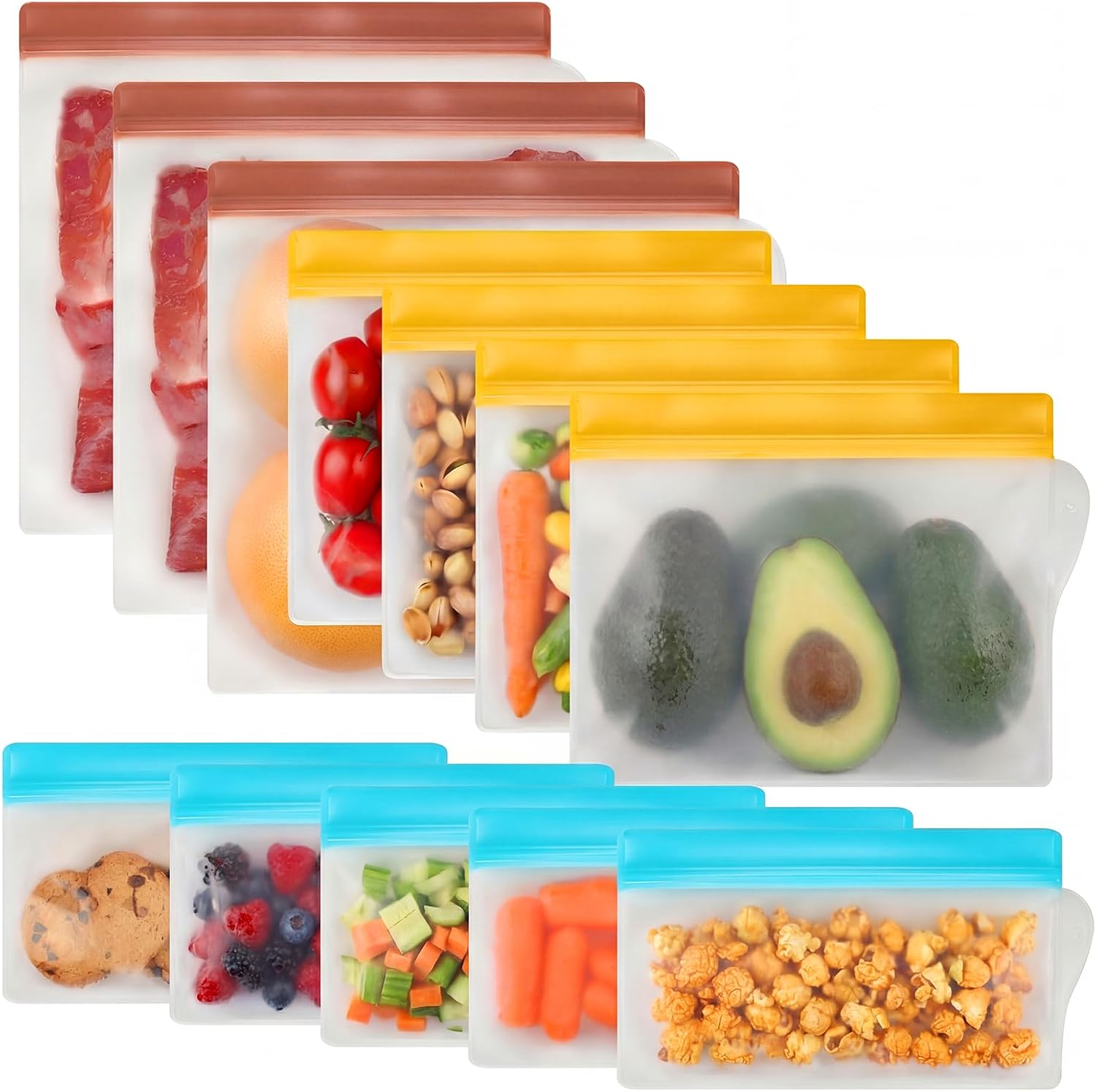 RLAVBL 12 Pack Reusable Freezer Bags, Leakproof Food Storage Bags for Vegetable, Liquid, Snack, Meat, Sandwich - 3 Gallon 4 Sandwich 5 Snack Bags