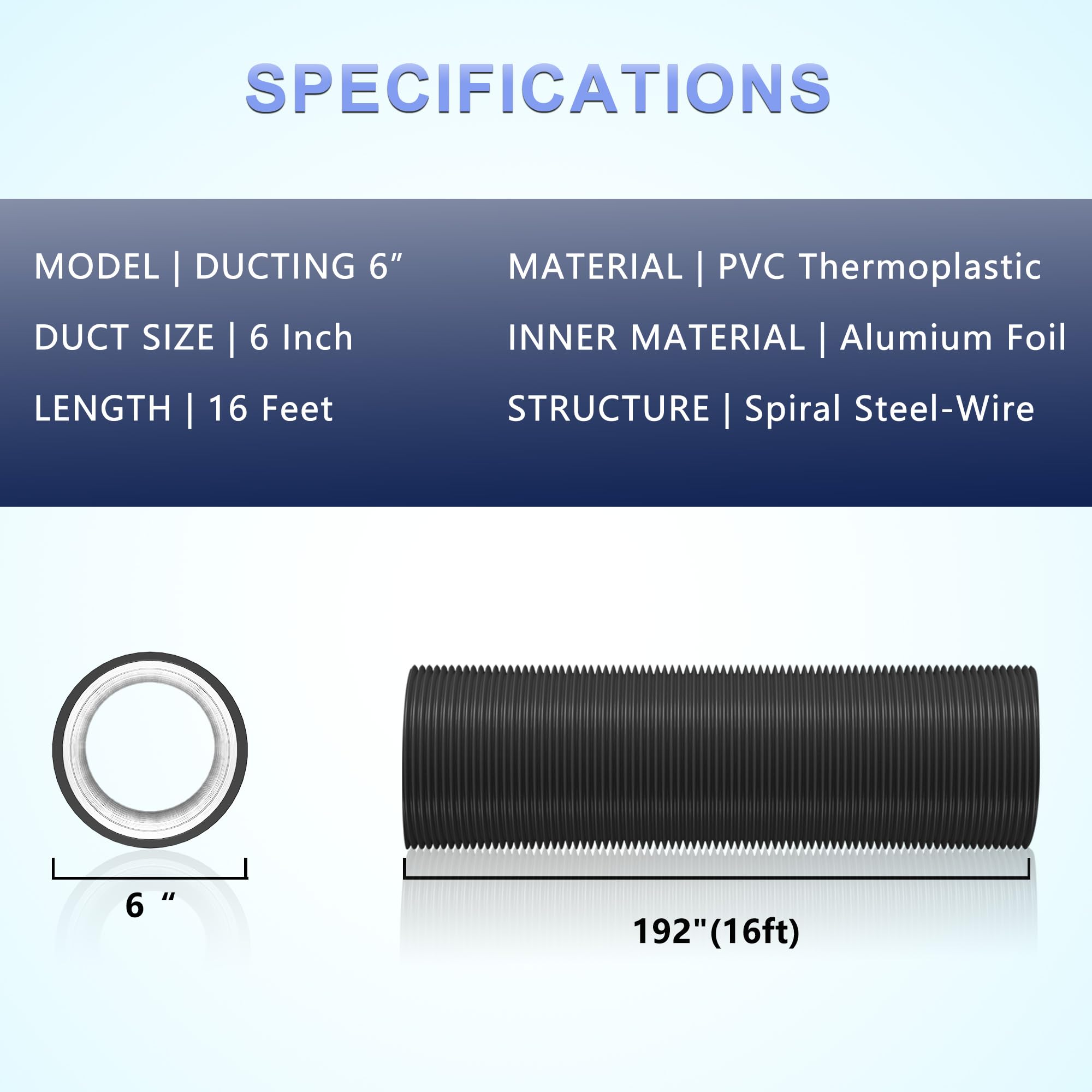 6 Inch Flexible Air Duct Hose - 16 FT Long HVAC Ventilation, Insulated Aluminum PVC For Dryer Vent & Exhaust