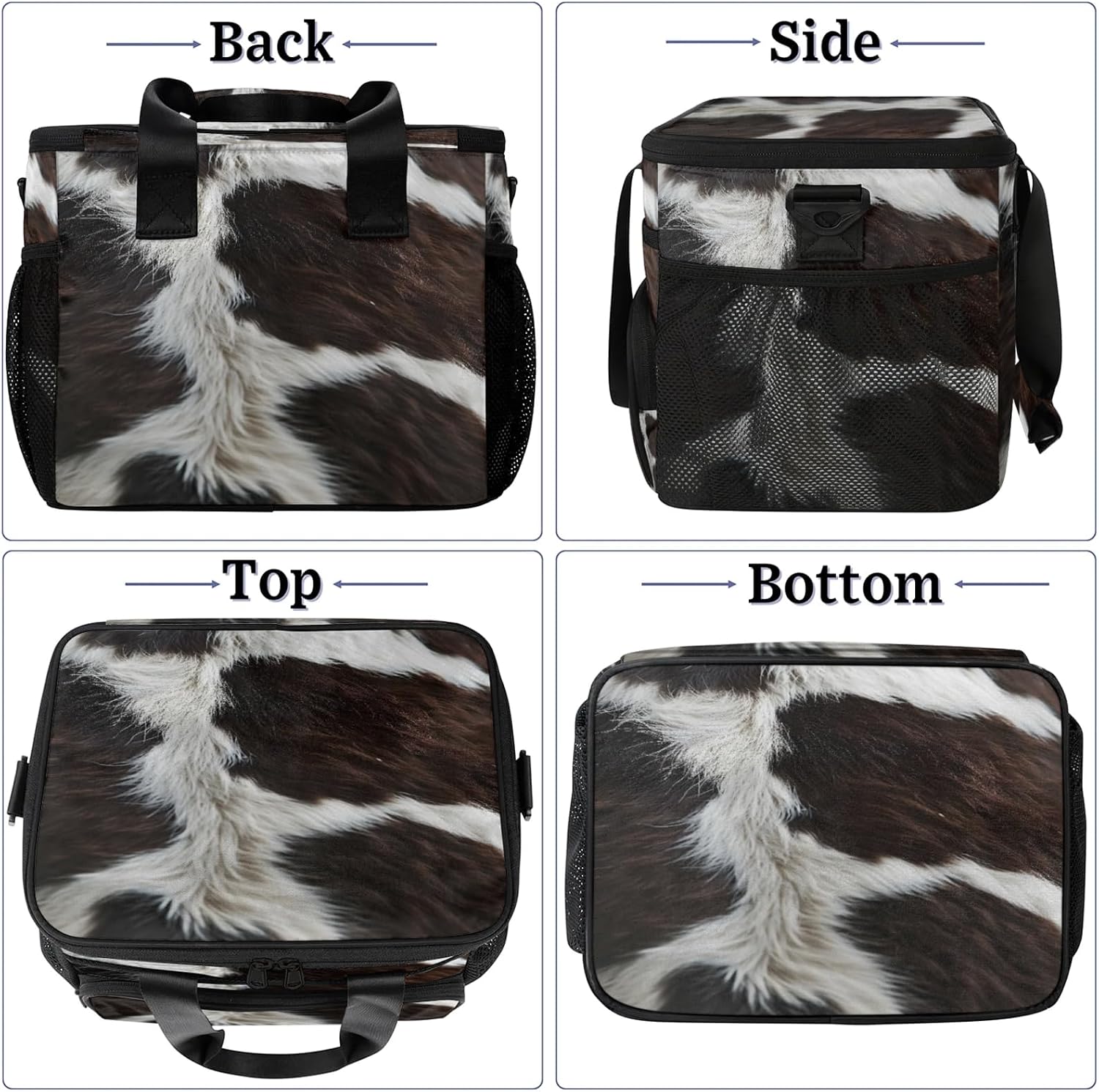 Cow Print Western Animals Insulated Large Lunch Bag Lunchbox Reusable Leakproof Cooler Bags with Shoulder Strap for Adult Men Women Work Picnic