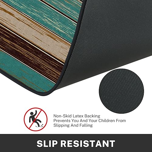 Miniatura 5 de Juego de 2 alfombras y tapetes rústicos de cocina antideslizantes, lavables, color verde azulado de madera para suelo, alfombra de pasillo de rayas