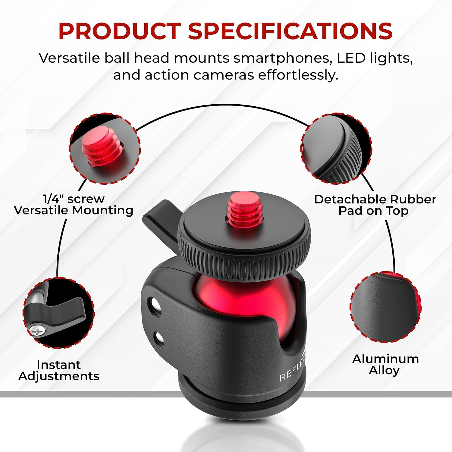 REFLEX CAMERA Mini Ball Head - 360° Rotation, 2kg Load, 1/4" Screw, Aluminium Build. Perfect Tripod Ball Head for mounting DSLR Cameras, Phones, Compact Ball Head Mount Compatible with Tripod/Monopod