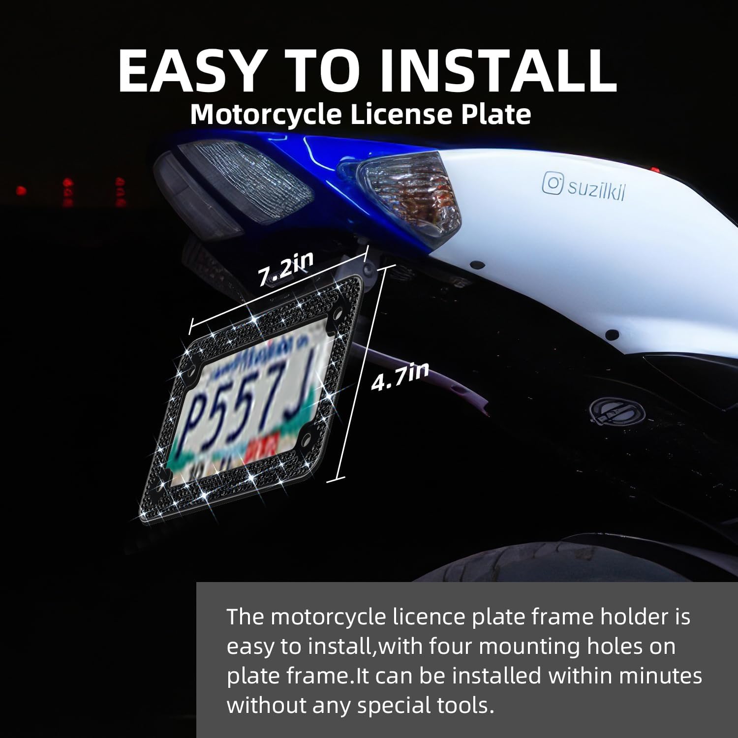 EWBN Motorcycle Black Bling License Plate Frames,Diamond Rhinestone Bike Tag Holder,Motorbike Crystals License Plate Cover,Moto Moped Motorbike Scooter Plate Accessories
