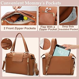 Omanmoli Diaper Bag Tote Leather Diaper Bag Backpack Large Baby Bag 14 Diaper Organizing Pouches,Changing Pad,Crossbody Strap,4 Insulated Pockets,Brown