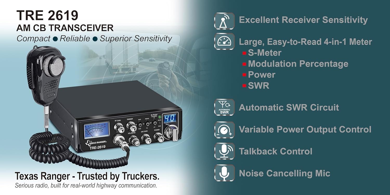 Texas Ranger TRE-2619 CB Mobile Radio 40 Channel AM TwoWay Radio Compact Trucker Design SRA-198NC Dynamic Noise Cancelling Mic Built-in SWR Bridge Talkback Hi/Lo Switch Variable Dimmer NB/ANL Filters