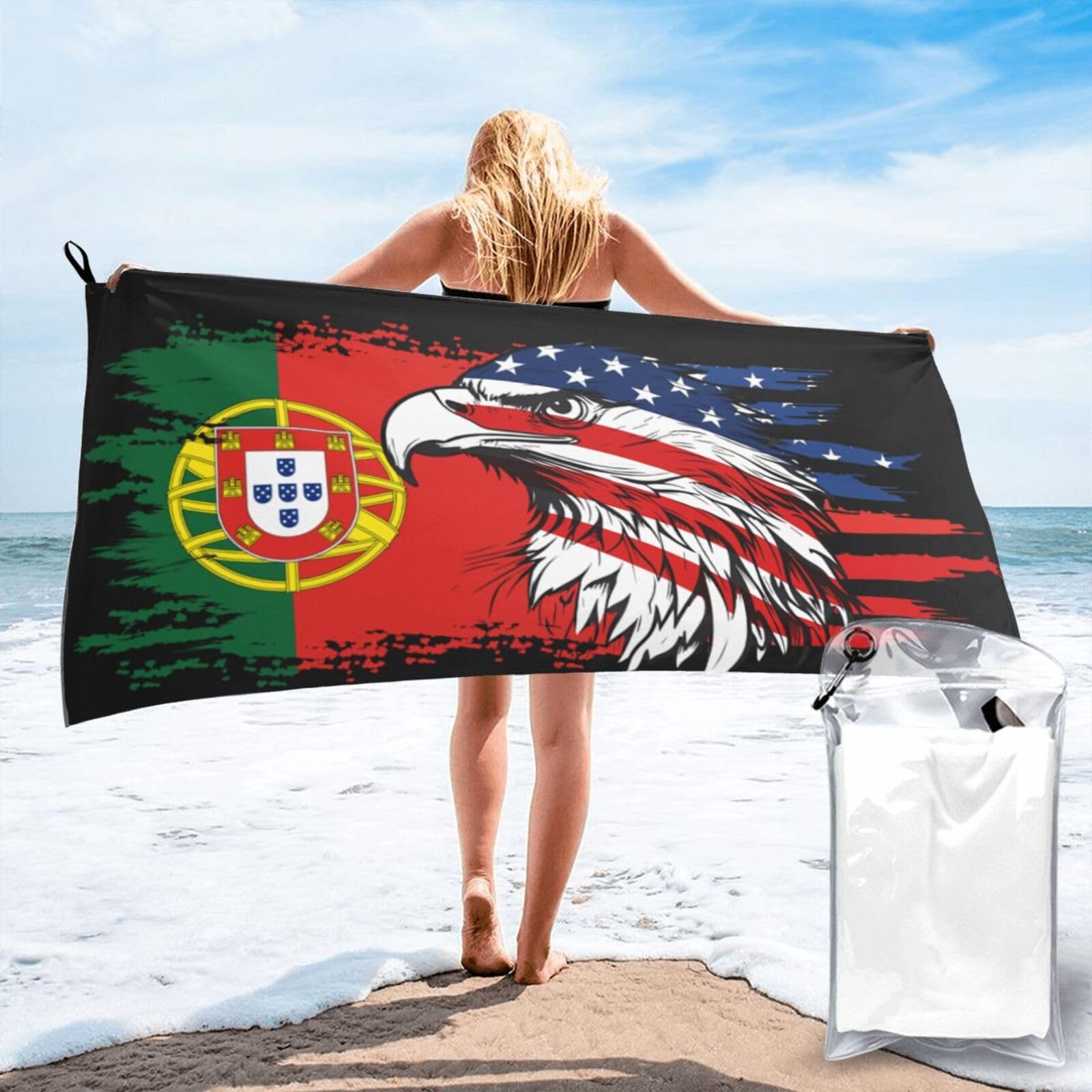 HACXZ America Flag and Portugal Portuguese Flag Microfiber Beach Towel Lightweight Absorbent Travel Pool for Men Women 31.5"X63"