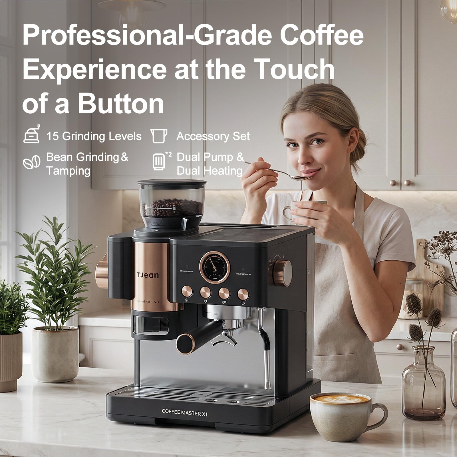 TJEAN Barista Senso – Macchina da Caffè a Doppia Pompa per Caffè in Grano con Macinatore Integrato, Espresso, Latte e Cappuccino con Sistema di Compattazione Intelligente, Schiumatore di Latte Manuale