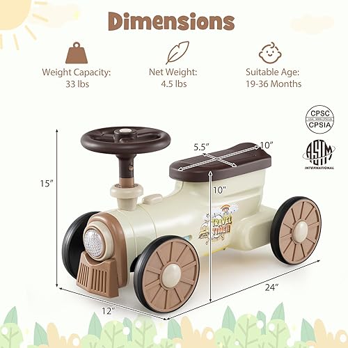 Miniatura 7 de Costzon Auto de empuje para niños, juguete retro con volante, sonido de silbato de tren y almacenamiento debajo del asiento, auto deslizante de pie