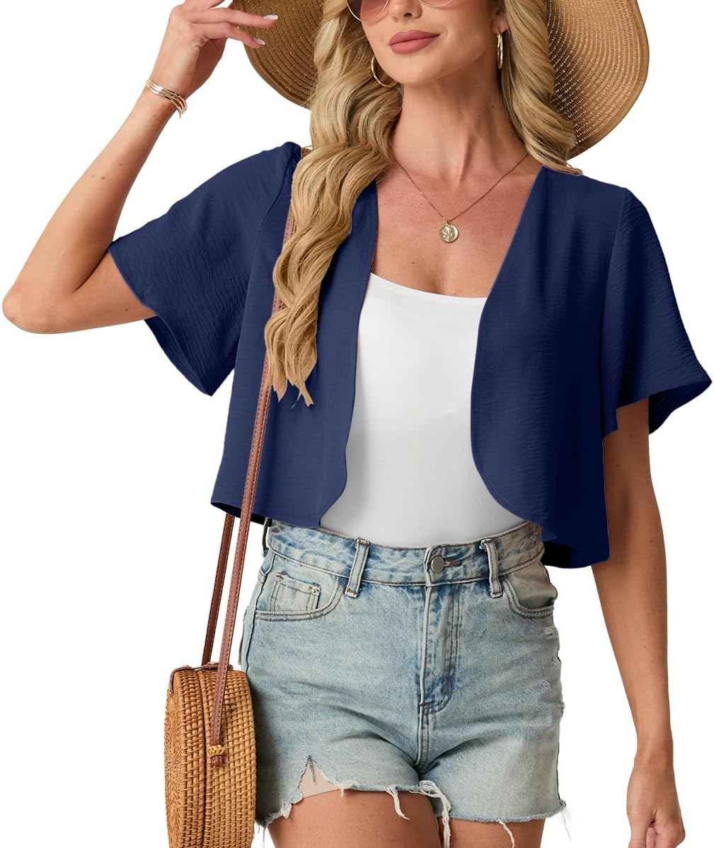 GRECERELLE Women's Summer Lightweight Cropped Cardigan Shrug Short Sleeve Open Front Casual Bolero Cover Ups - Image 2