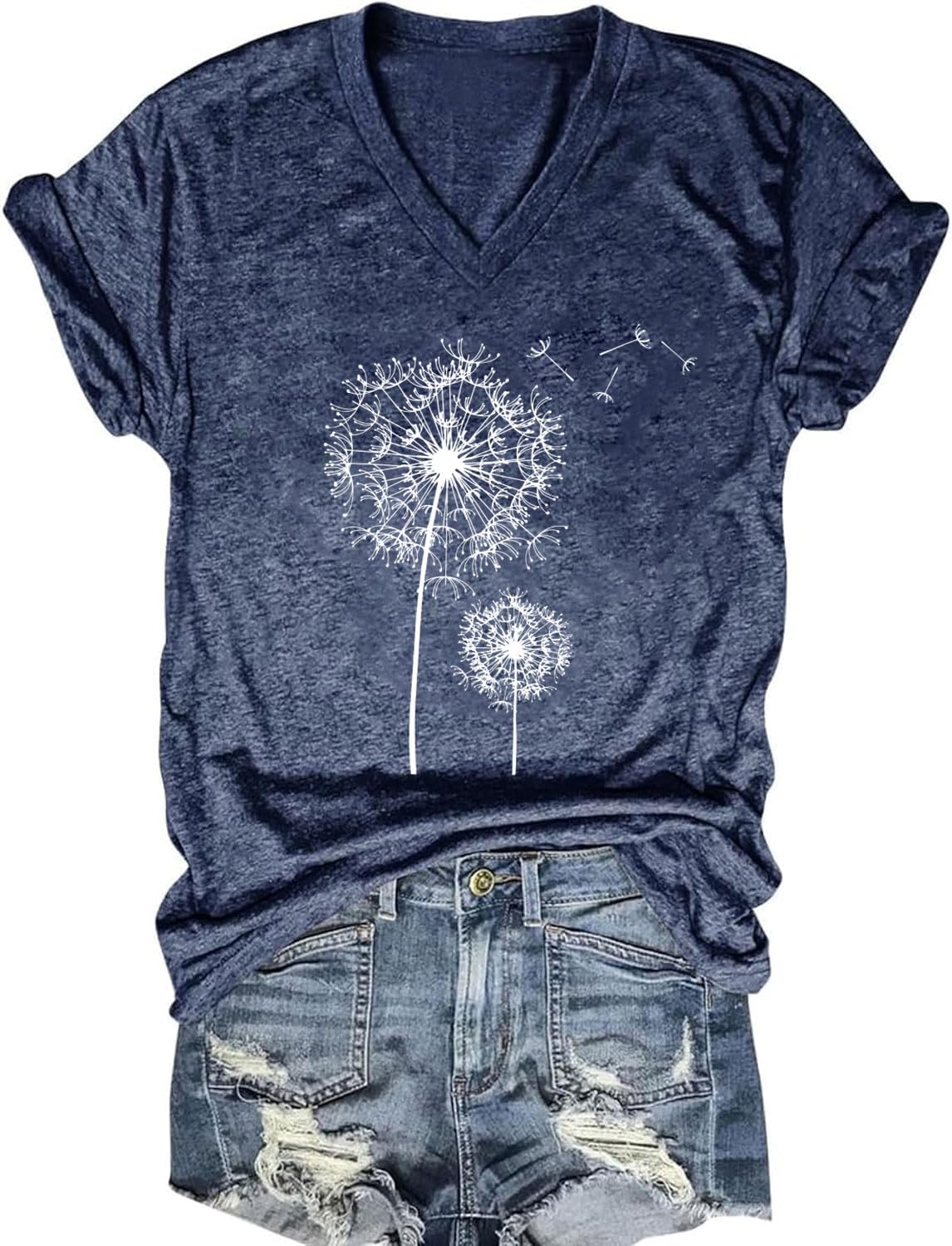 Womens V Neck Floral Graphic Tees Vintage Boho Short Sleeve Casual Wildflowers Tops