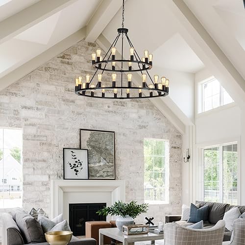 Miniatura 8 de Candelabro negro con rueda de carro, 2 niveles para lámpara de comedor, 30 luces de 48 pulgadas extra grande para techos altos, sala de estar,