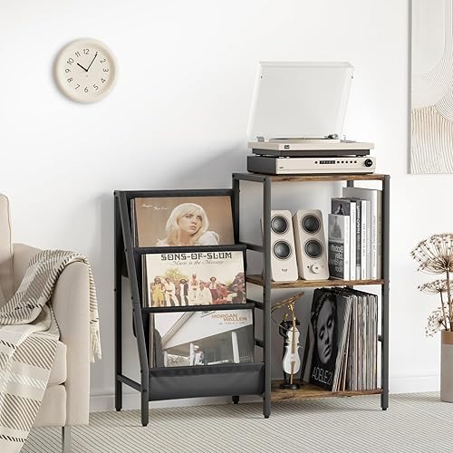 Miniatura 7 de Soporte para tocadiscos con almacenamiento de vinilo, estante de almacenamiento de discos de vinilo, armario de mesa para tocadiscos de hasta 200