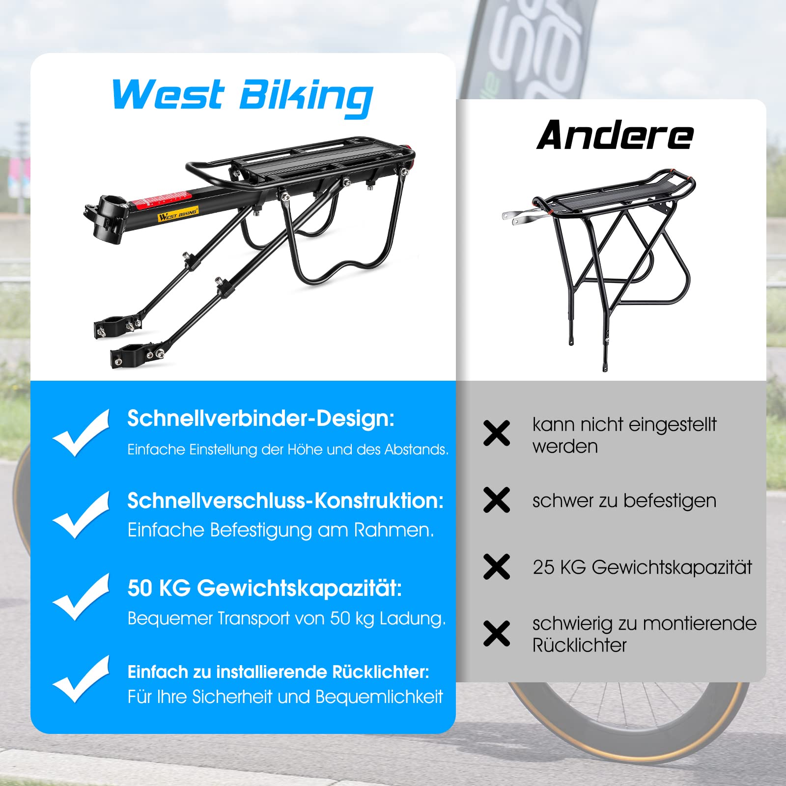West Biking Gepäckträger Mountainbike - Stabil Robust MTB Aluminium Fahrradgepäckträger, Einfache Montage, Fahrrad Hinten Maximalbelastung 50kg