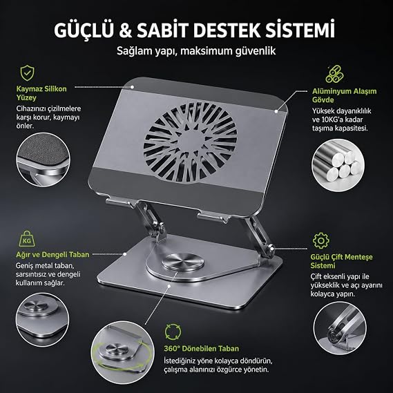 McStorey Premium Alüminyum Laptop Standı, Çıkarılabilir Manyetik Harici Fanlı, 360° Döner Ayarlanabilir Ergonomik Notebook ve MacBook Standı, Aktif Soğutmalı Laptop Yükseltici, 10-17 İnç Gri