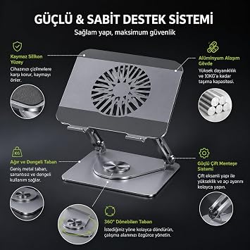 McStorey Premium Alüminyum Laptop Standı, Çıkarılabilir Manyetik Harici Fanlı, 360° Döner Ayarlanabilir Ergonomik Notebook ve MacBook Standı, Aktif Soğutmalı Laptop Yükseltici, 10-17 İnç Gri