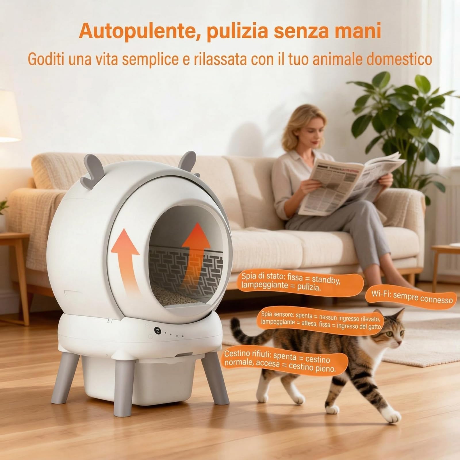 Vassoio Automatico per Gatti 60L – Lettiera Autopulente con APP WiFi e Sensori di Sicurezza, Cassetto Sigillato Anti Odore, Adatto per Gatti fino a 11kg, Grande Capacità